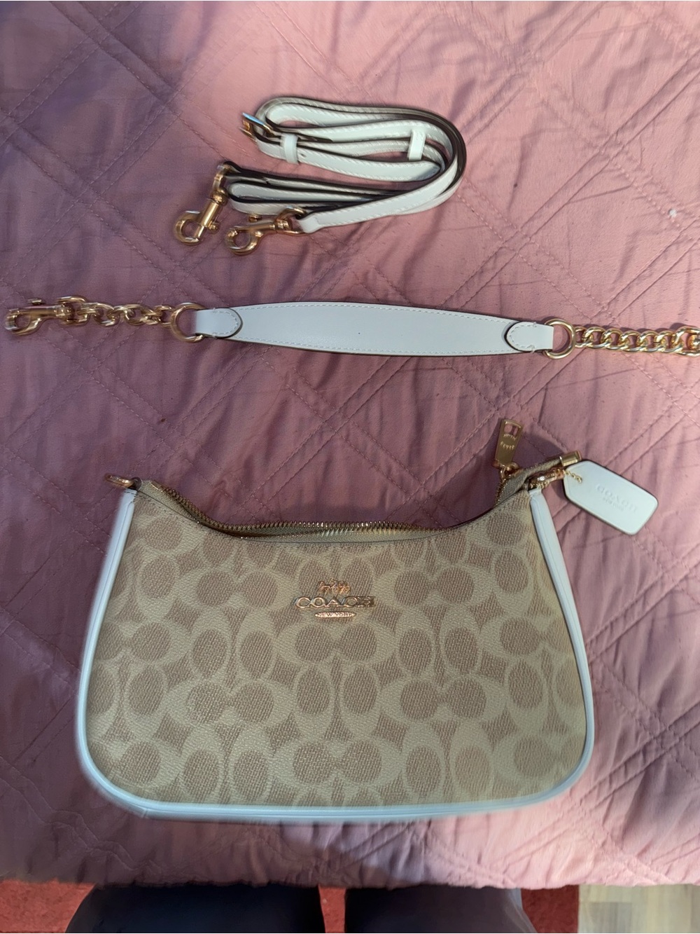 Coach Beige Signature Canvas Crossbody with White Trim and Gold Hardware